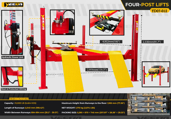 Four-Post Vehicle Lift with 12000LB Capacity Hydraulic Power Unit and 198.42" Runway Length